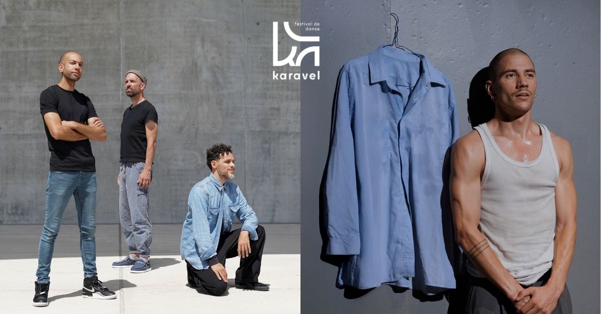 Deux photographies réunies en une seule image donnent à voir les univers du co-plateau du festival Karavel. D'un côté, trois danseurs évoluent dans un espace minimaliste ; de l'autre, un interprète dialogue avec une simple chemise suspendue.