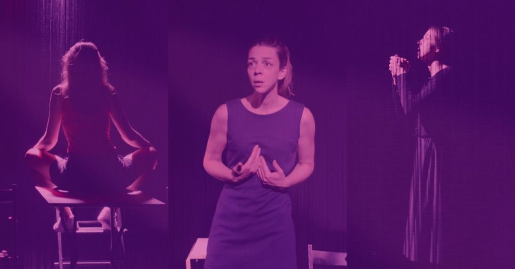 Une comédienne est représentée dans trois instants de la représentation : assise en tailleur sur une table, debout au centre de la scène dans une posture expressive, puis de profil près d'un micro. L'ensemble est baigné d'une lumière violette qui crée une atmosphère intime.