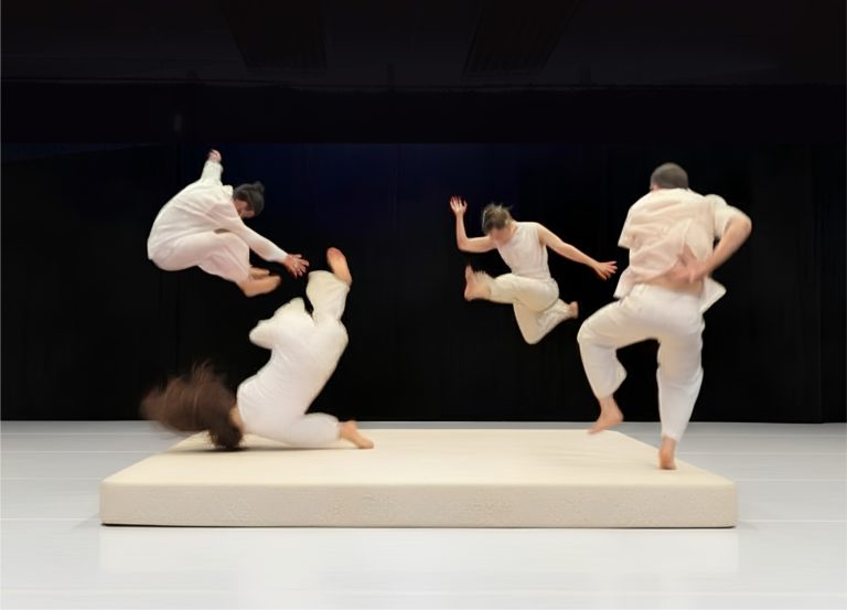 Sur un grand matelas blanc installé sur scène, quatre danseurs vêtus de blanc sont saisis dans différentes phases de saut et de chute. Leurs mouvements simultanés donnent l’impression d’un jeu collectif avec l’équilibre, la gravité et le vide.